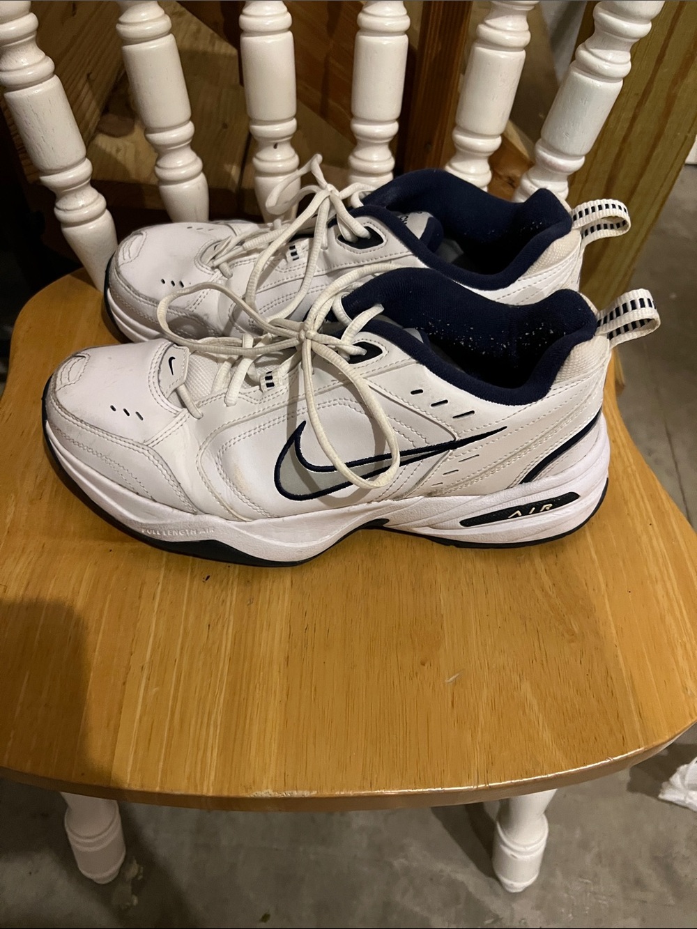 Nike Air Monrchs White and Navy Athletic Sneakers
